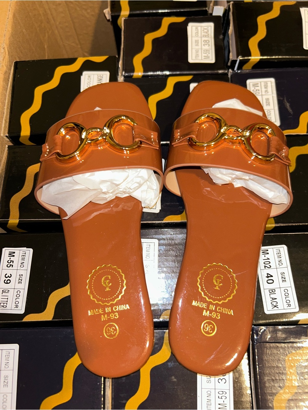 Women's Tan Slide Mules with Gold Link Detail